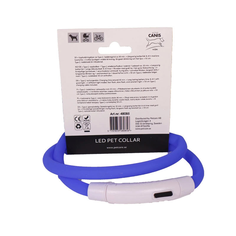 Justerbart LED-halsband för hund 80 cm blå med blinkande och fast ljusläge