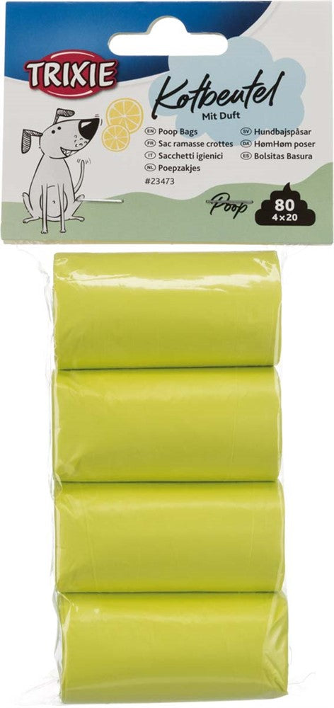 TRIXIE gula hundbajspåsar med citrondoft, 4 rullar med 20 påsar